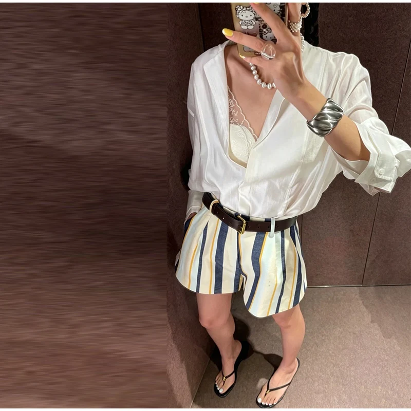 Women Striped Fabric Wide Leg Shorts High Waist Button Side Pockets Casual All-match Short Trousers 2026 Summer Office Outfits