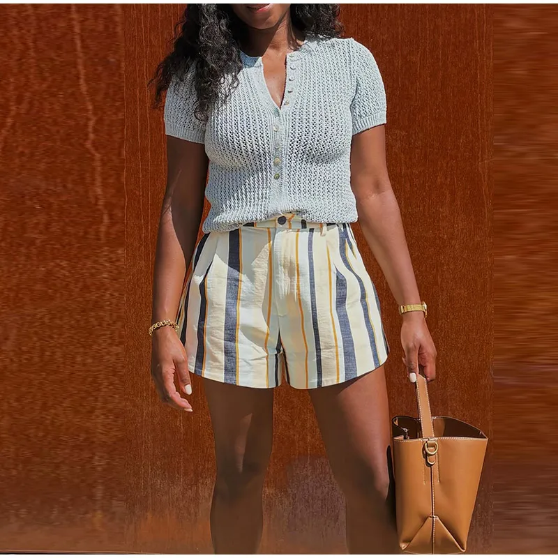 Women Striped Fabric Wide Leg Shorts High Waist Button Side Pockets Casual All-match Short Trousers 2026 Summer Office Outfits