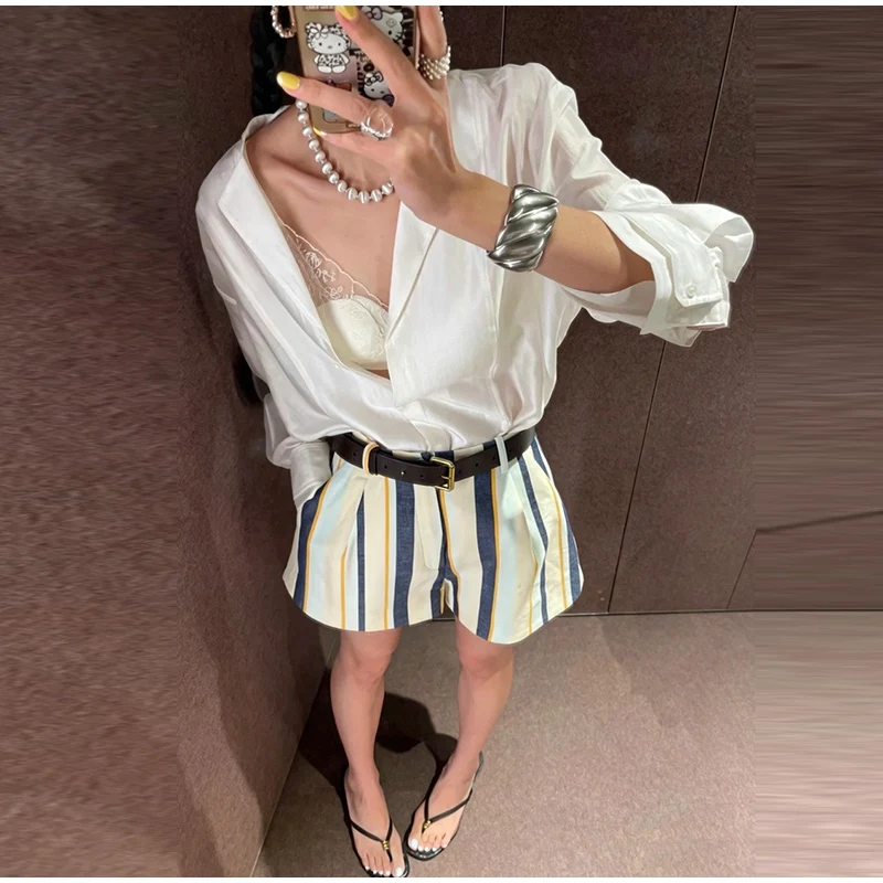 Women Striped Fabric Wide Leg Shorts High Waist Button Side Pockets Casual All-match Short Trousers 2026 Summer Office Outfits