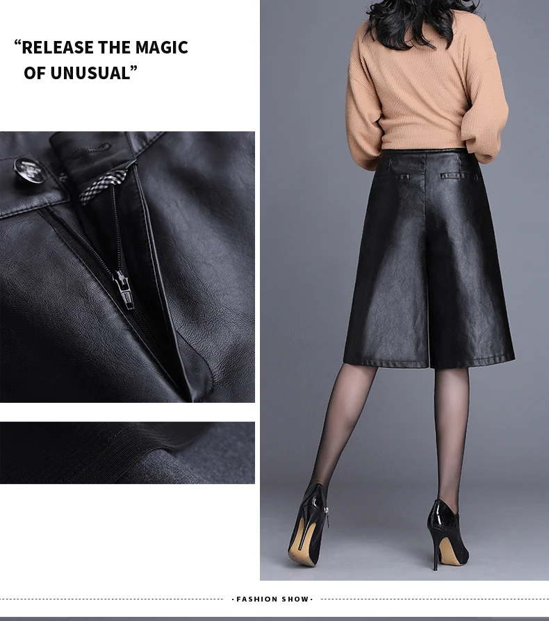 Black PU Leather Bermuda Shorts For Women Loose Long Shorts Motorcycle Punk High Waist Knee Length Bermuda Femme
