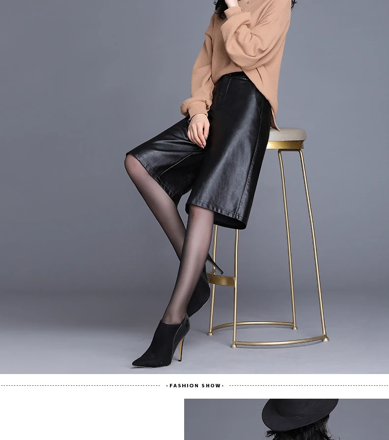 Black PU Leather Bermuda Shorts For Women Loose Long Shorts Motorcycle Punk High Waist Knee Length Bermuda Femme