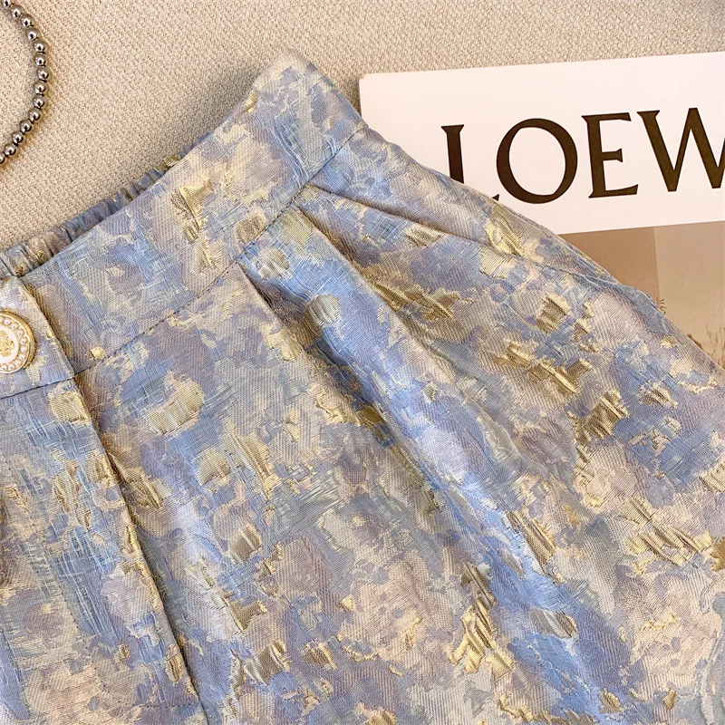 Women's Clothing Fashion Loose Solid Color Jacquard Shorts Summer Female Korean All-match High Waist Pockets Temperament Pants