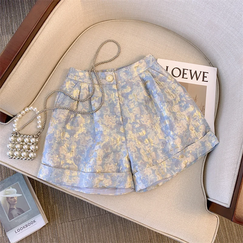 Women's Clothing Fashion Loose Solid Color Jacquard Shorts Summer Female Korean All-match High Waist Pockets Temperament Pants