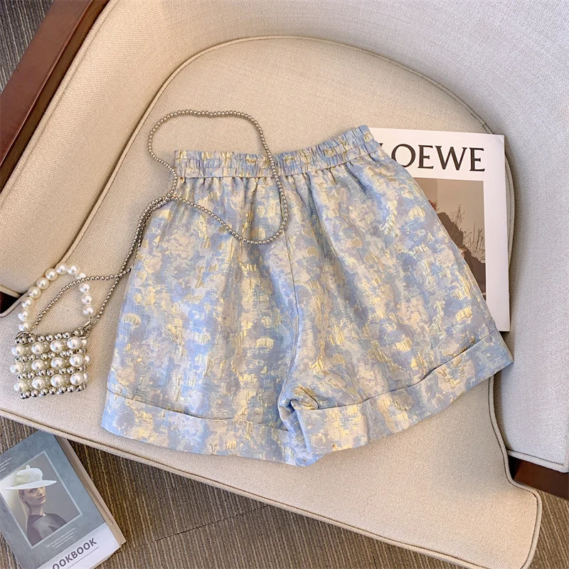 Women's Clothing Fashion Loose Solid Color Jacquard Shorts Summer Female Korean All-match High Waist Pockets Temperament Pants
