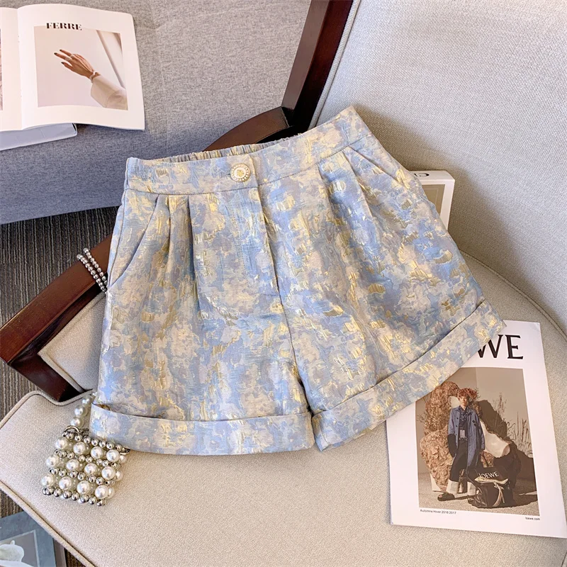 Women's Clothing Fashion Loose Solid Color Jacquard Shorts Summer Female Korean All-match High Waist Pockets Temperament Pants