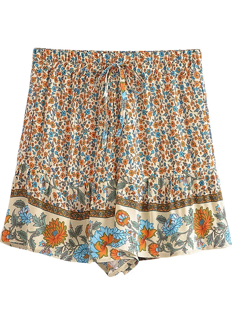 Boho Queens Women Wild Floral Print Bohemian Happie Short Ladies Beach Summer Elastic Waist Rayon Boho Shorts