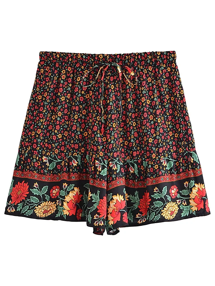 Boho Queens Women Wild Floral Print Bohemian Happie Short Ladies Beach Summer Elastic Waist Rayon Boho Shorts