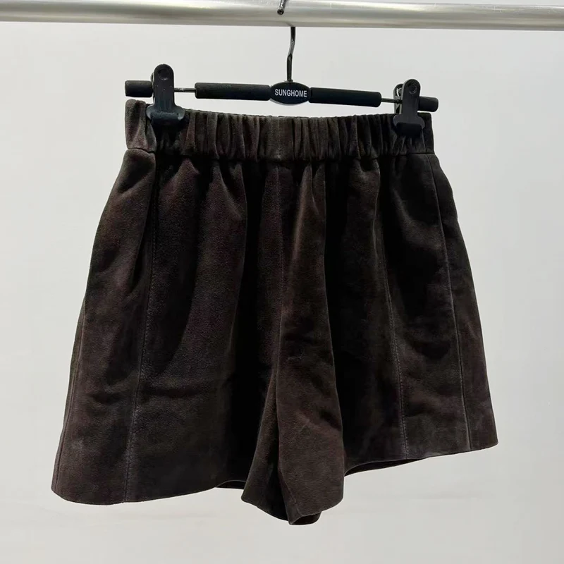 Suede Leather Shorts Women Spring Genuine Leather Harajuku Vertical Bar Short Britches Casual Bloomers Coffee Shorts de Mujeres