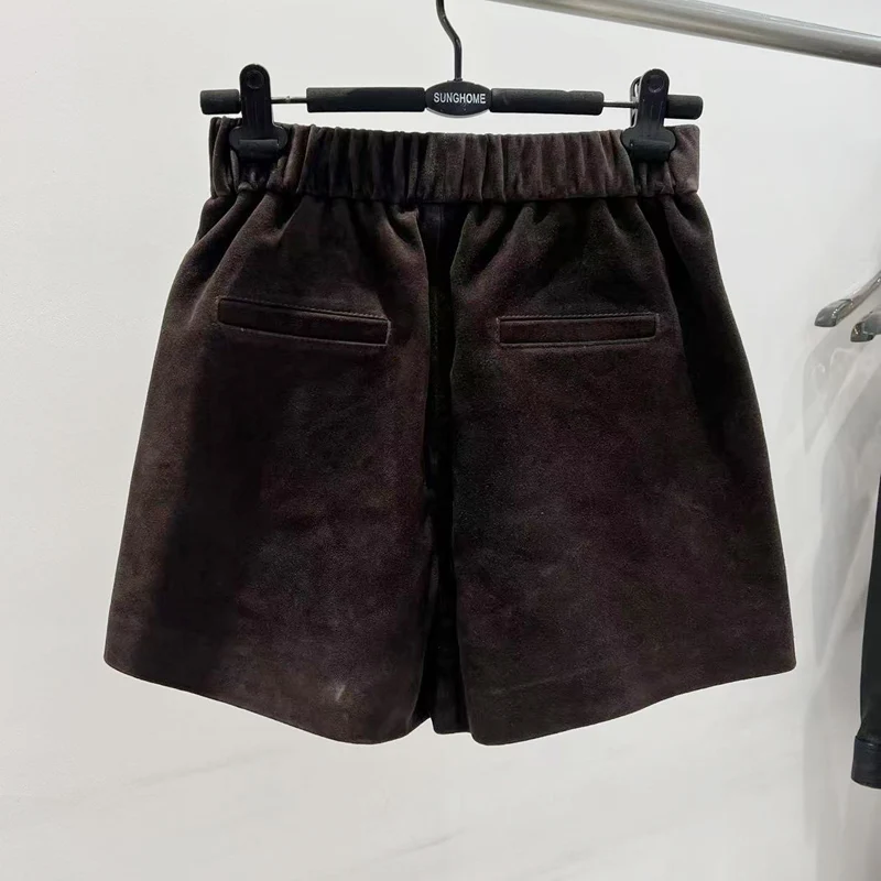 Suede Leather Shorts Women Spring Genuine Leather Harajuku Vertical Bar Short Britches Casual Bloomers Coffee Shorts de Mujeres