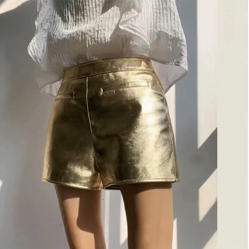 Metallic Genuine Leather Shorts for Women Splendid Korean Style Y2k Hot Micro Thin Pants Girls Casual Low Waist Slim Booty Skort