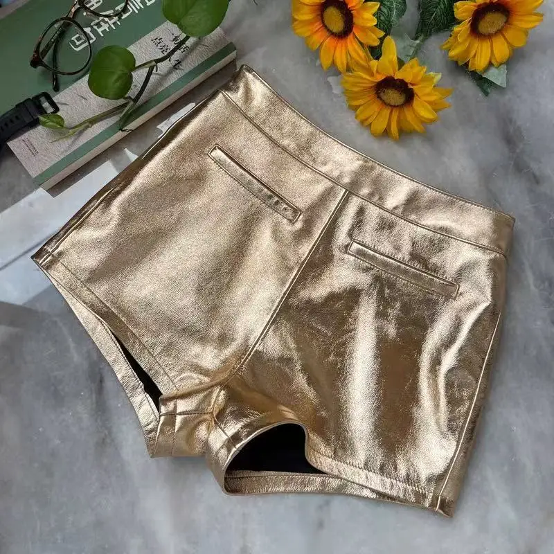 Metallic Genuine Leather Shorts for Women Splendid Korean Style Y2k Hot Micro Thin Pants Girls Casual Low Waist Slim Booty Skort