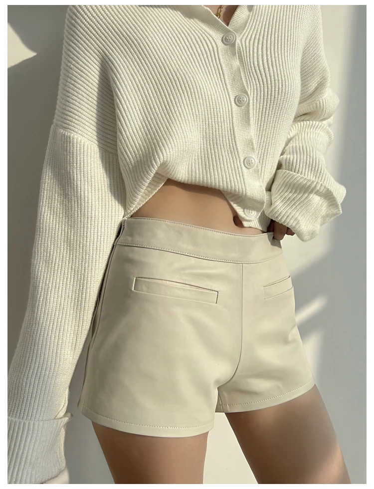 Metallic Genuine Leather Shorts for Women Splendid Korean Style Y2k Hot Micro Thin Pants Girls Casual Low Waist Slim Booty Skort