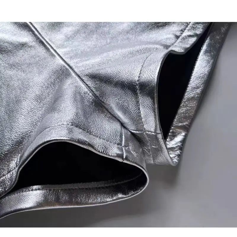 Metallic Genuine Leather Shorts for Women Splendid Korean Style Y2k Hot Micro Thin Pants Girls Casual Low Waist Slim Booty Skort