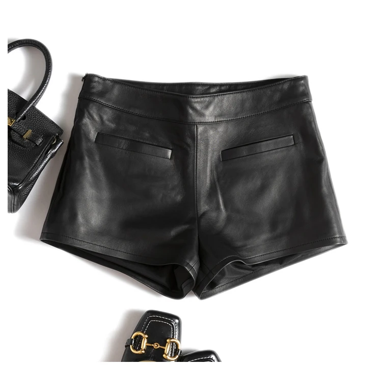 Metallic Genuine Leather Shorts for Women Splendid Korean Style Y2k Hot Micro Thin Pants Girls Casual Low Waist Slim Booty Skort