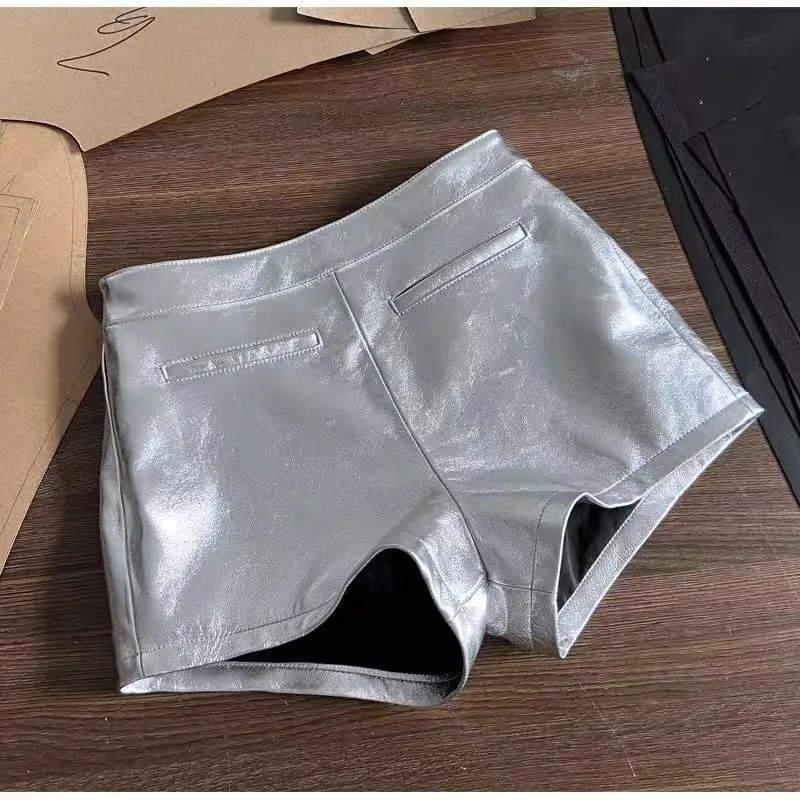 Metallic Genuine Leather Shorts for Women Splendid Korean Style Y2k Hot Micro Thin Pants Girls Casual Low Waist Slim Booty Skort