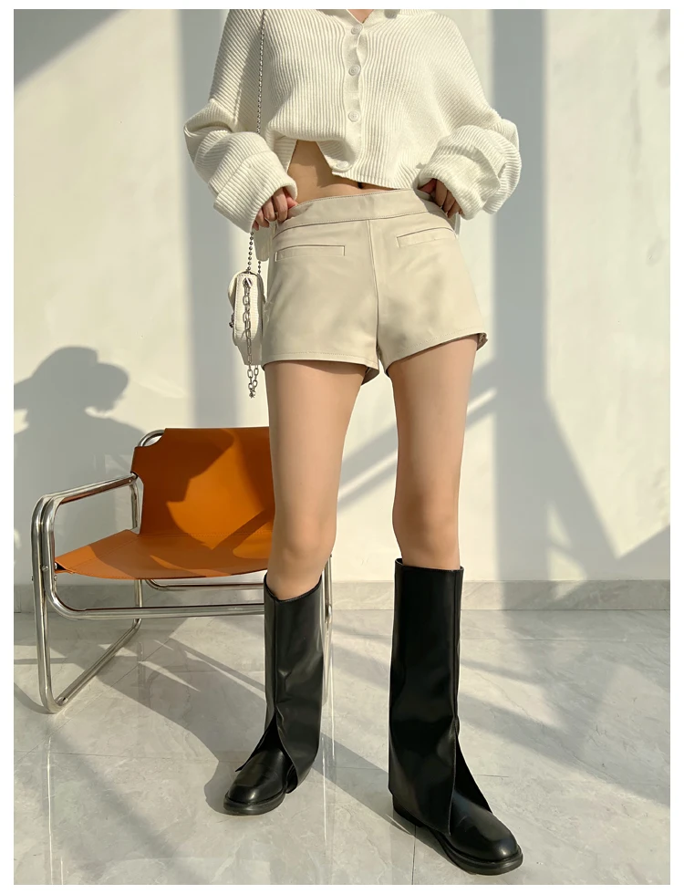 Metallic Genuine Leather Shorts for Women Splendid Korean Style Y2k Hot Micro Thin Pants Girls Casual Low Waist Slim Booty Skort
