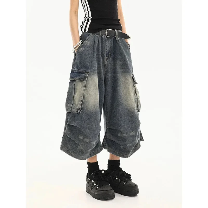 2026 Y2k Retro Women Low Rise Jorts Brushed Black Wash Cropped Baggy Jeans Wide Leg Frayed Denim Short Pants Fashion
