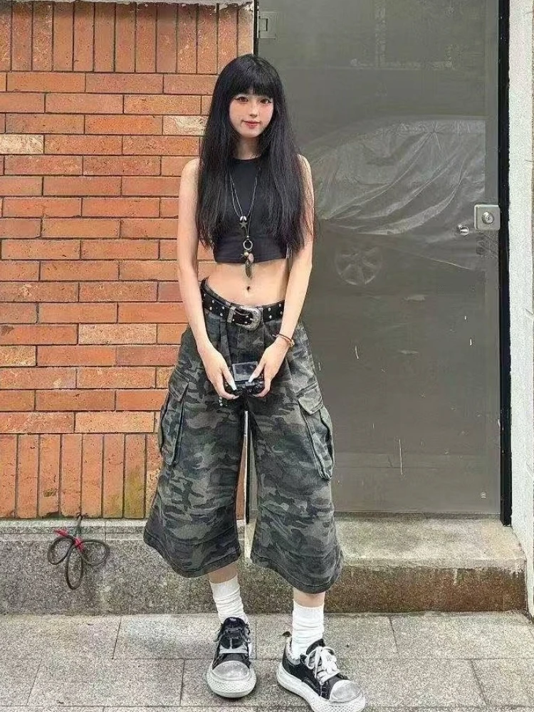 2026 Y2k Retro Women Low Rise Jorts Brushed Black Wash Cropped Baggy Jeans Wide Leg Frayed Denim Short Pants Fashion