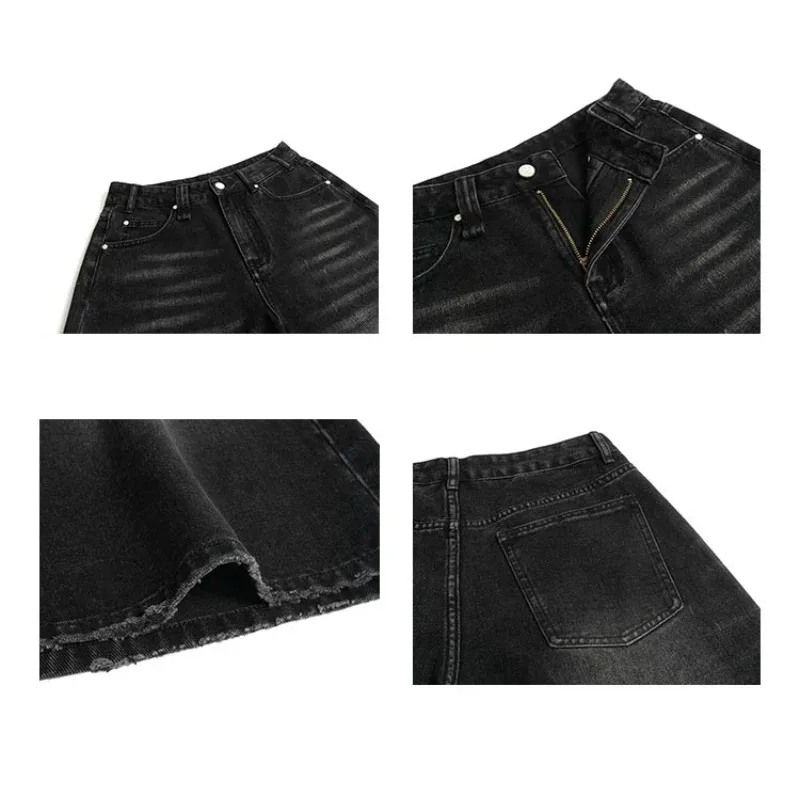 2026 Y2k Retro Women Low Rise Jorts Brushed Black Wash Cropped Baggy Jeans Wide Leg Frayed Denim Short Pants Fashion