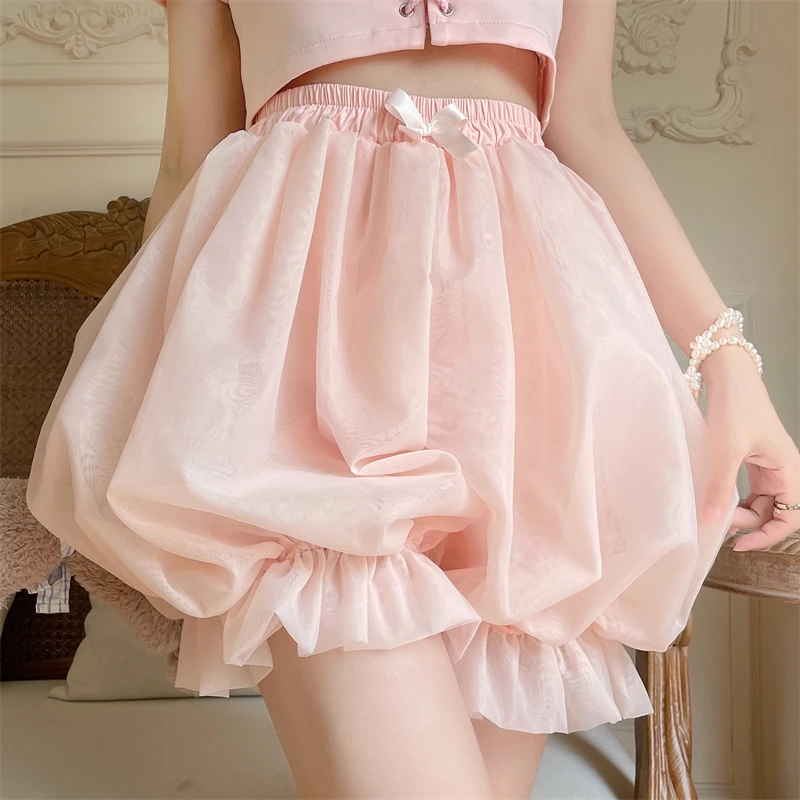 Japanes Kawaii Cute Lolita Safety Cotton Bloomers Women's Sweet Bow Accent Fluffy Harajuku Solid Color Ruffles Pumpkin Shorts