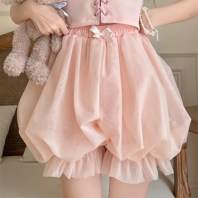 Japanes Kawaii Cute Lolita Safety Cotton Bloomers Women's Sweet Bow Accent Fluffy Harajuku Solid Color Ruffles Pumpkin Shorts