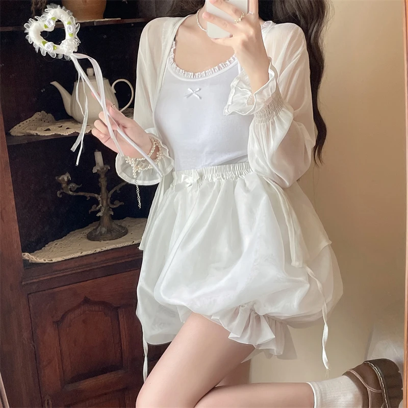 Japanes Kawaii Cute Lolita Safety Cotton Bloomers Women's Sweet Bow Accent Fluffy Harajuku Solid Color Ruffles Pumpkin Shorts