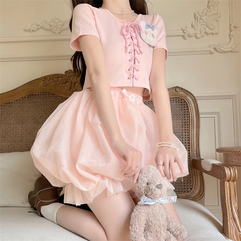 Japanes Kawaii Cute Lolita Safety Cotton Bloomers Women's Sweet Bow Accent Fluffy Harajuku Solid Color Ruffles Pumpkin Shorts