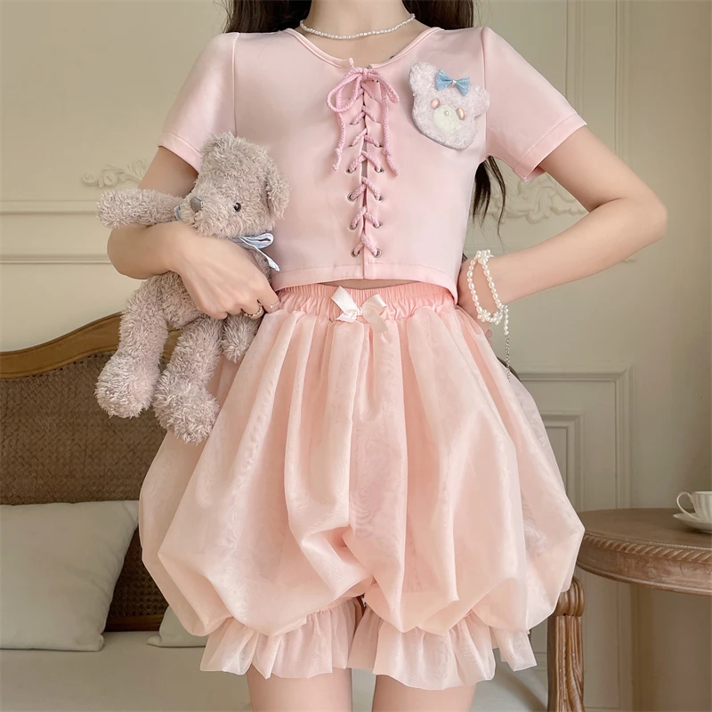 Japanes Kawaii Cute Lolita Safety Cotton Bloomers Women's Sweet Bow Accent Fluffy Harajuku Solid Color Ruffles Pumpkin Shorts