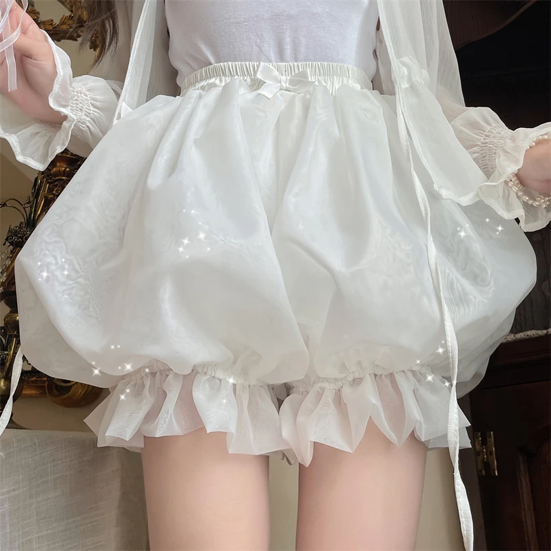 Japanes Kawaii Cute Lolita Safety Cotton Bloomers Women's Sweet Bow Accent Fluffy Harajuku Solid Color Ruffles Pumpkin Shorts