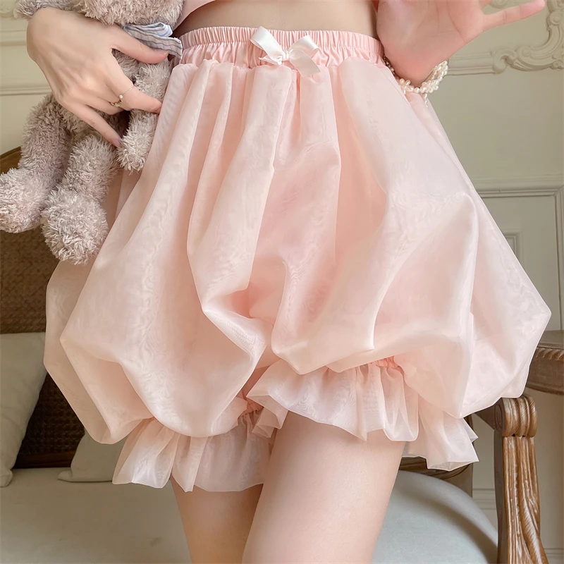 Japanes Kawaii Cute Lolita Safety Cotton Bloomers Women's Sweet Bow Accent Fluffy Harajuku Solid Color Ruffles Pumpkin Shorts