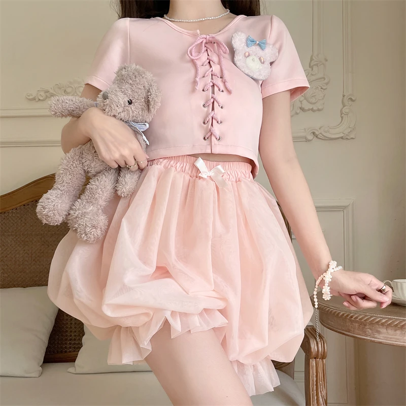Japanes Kawaii Cute Lolita Safety Cotton Bloomers Women's Sweet Bow Accent Fluffy Harajuku Solid Color Ruffles Pumpkin Shorts