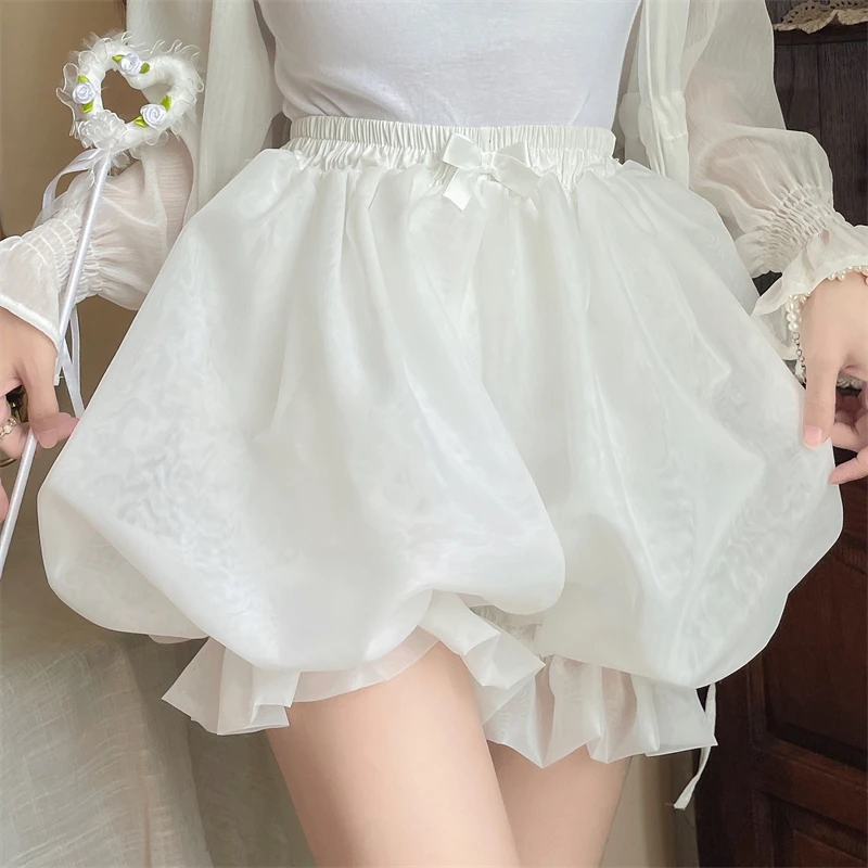 Japanes Kawaii Cute Lolita Safety Cotton Bloomers Women's Sweet Bow Accent Fluffy Harajuku Solid Color Ruffles Pumpkin Shorts