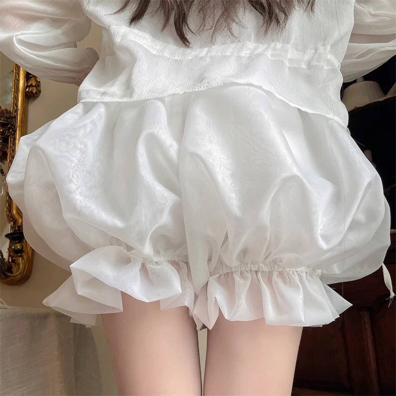 Japanes Kawaii Cute Lolita Safety Cotton Bloomers Women's Sweet Bow Accent Fluffy Harajuku Solid Color Ruffles Pumpkin Shorts