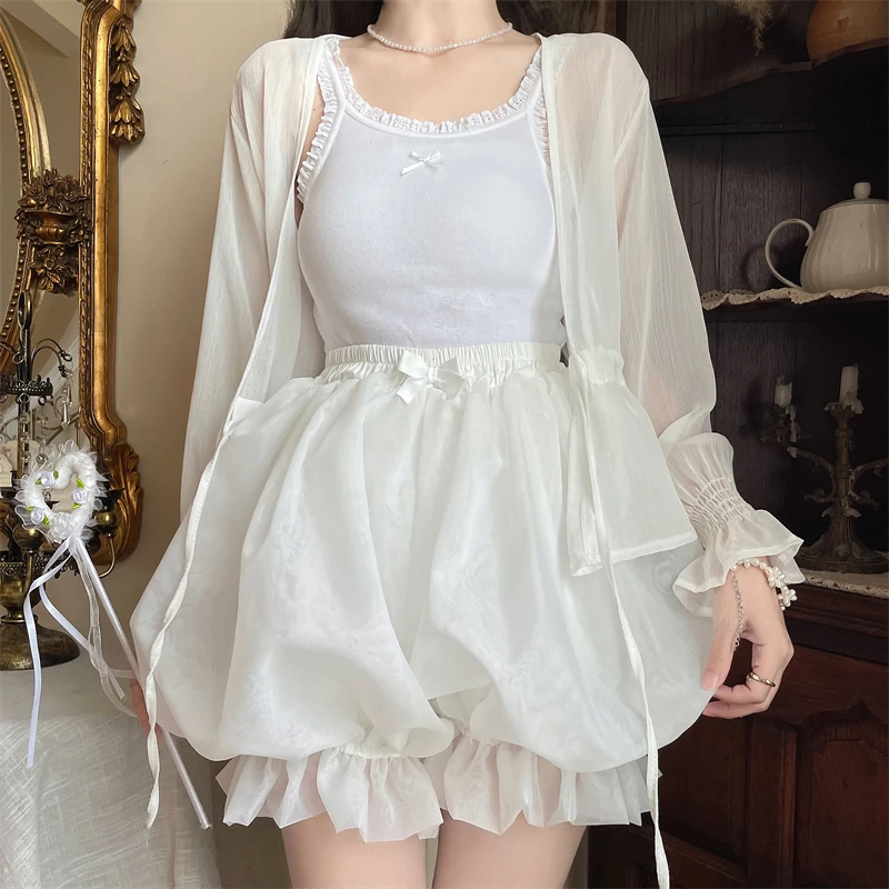 Japanes Kawaii Cute Lolita Safety Cotton Bloomers Women's Sweet Bow Accent Fluffy Harajuku Solid Color Ruffles Pumpkin Shorts