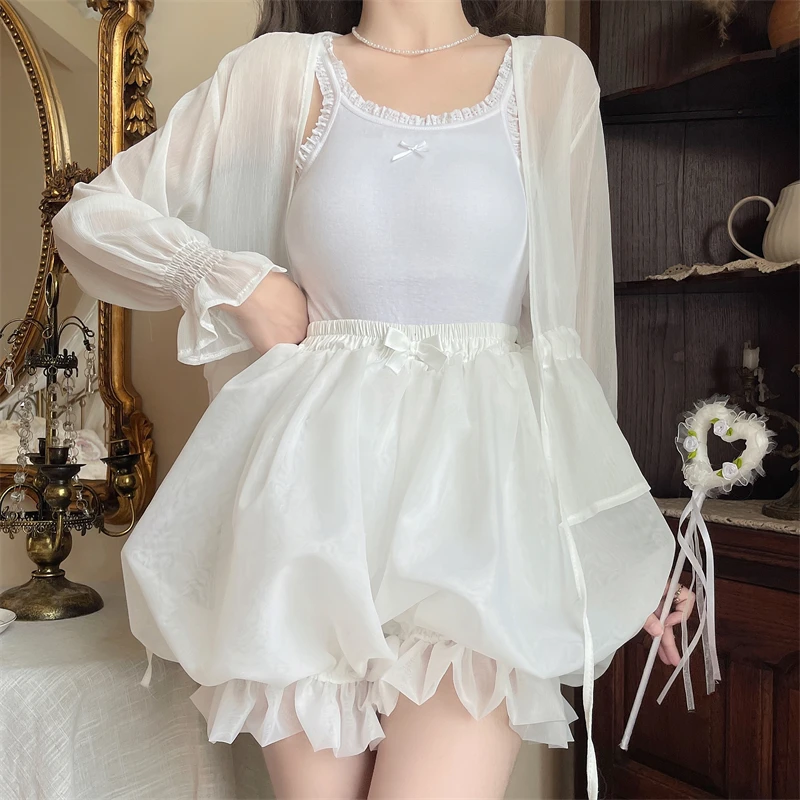 Japanes Kawaii Cute Lolita Safety Cotton Bloomers Women's Sweet Bow Accent Fluffy Harajuku Solid Color Ruffles Pumpkin Shorts