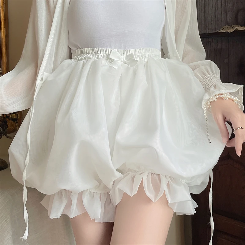 Japanes Kawaii Cute Lolita Safety Cotton Bloomers Women's Sweet Bow Accent Fluffy Harajuku Solid Color Ruffles Pumpkin Shorts