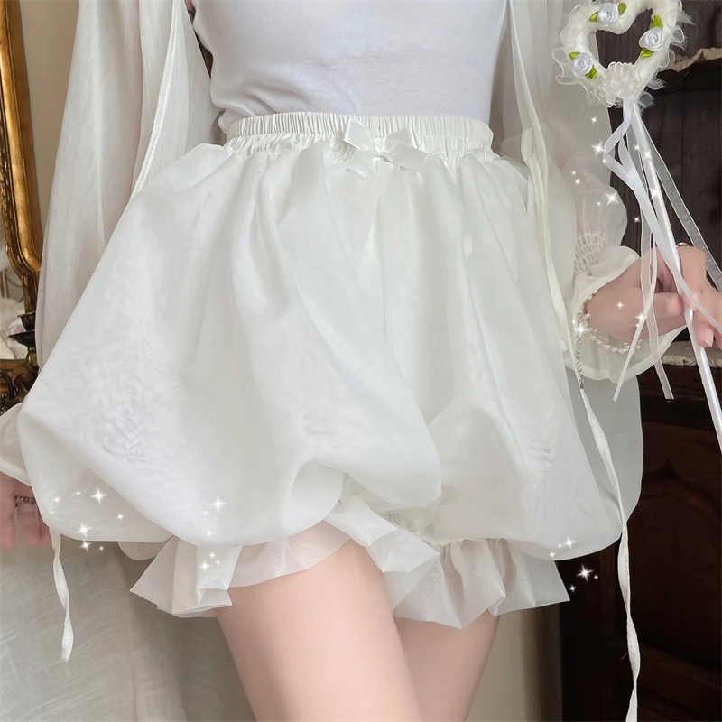 Japanes Kawaii Cute Lolita Safety Cotton Bloomers Women's Sweet Bow Accent Fluffy Harajuku Solid Color Ruffles Pumpkin Shorts