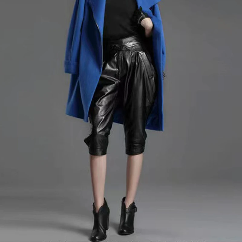 Black Fuax Matte Leather Breeches Shorts Women Casual High Waist Pu Jodhpurs Harem Pants Ladies Motorcycle Biker Costume Custom