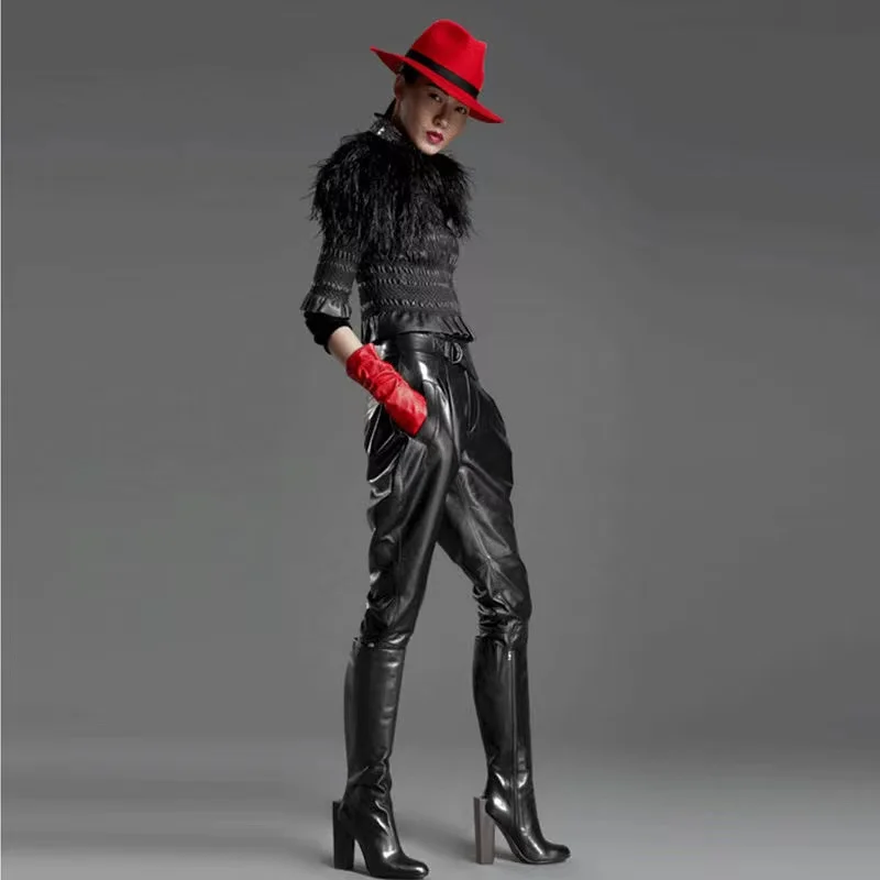 Black Fuax Matte Leather Breeches Shorts Women Casual High Waist Pu Jodhpurs Harem Pants Ladies Motorcycle Biker Costume Custom
