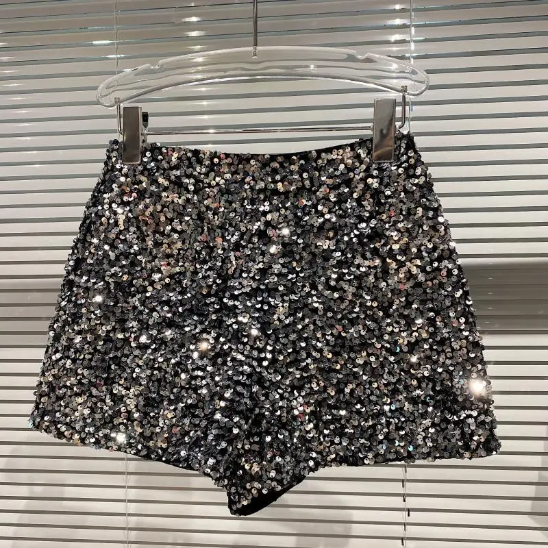 High Quality Sexy Sequins Shiny Zipper Shorts Women Nightclub Hot Pants for Women Black Silver