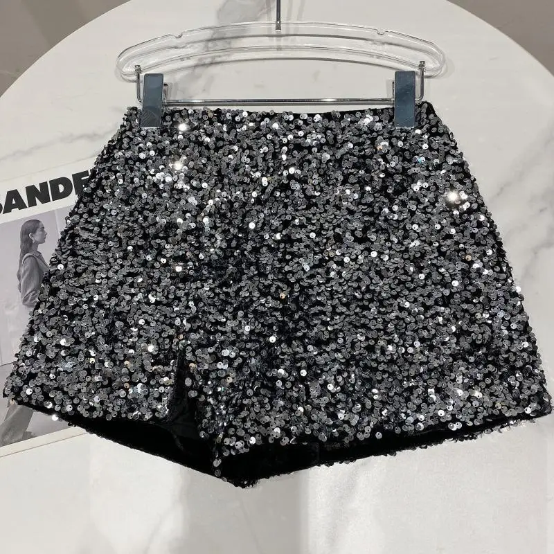 High Quality Sexy Sequins Shiny Zipper Shorts Women Nightclub Hot Pants for Women Black Silver