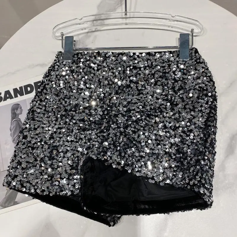 High Quality Sexy Sequins Shiny Zipper Shorts Women Nightclub Hot Pants for Women Black Silver