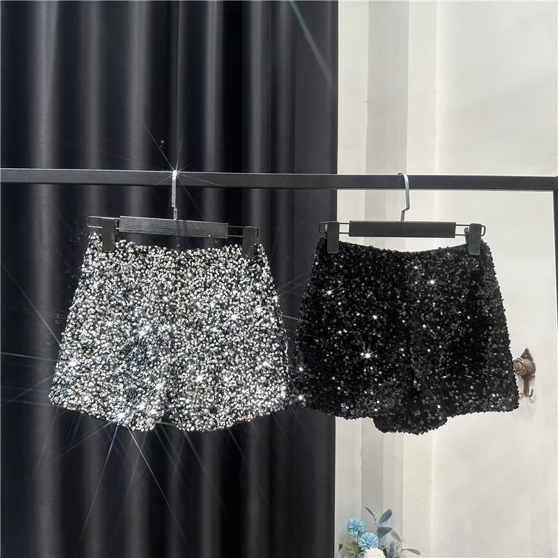 High Quality Sexy Sequins Shiny Zipper Shorts Women Nightclub Hot Pants for Women Black Silver