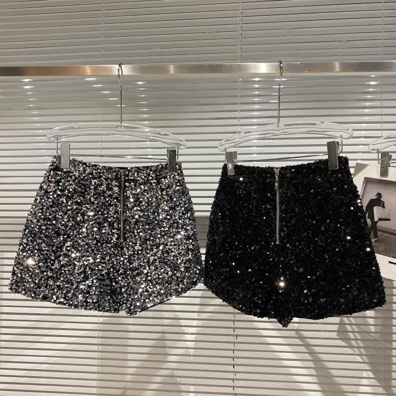 High Quality Sexy Sequins Shiny Zipper Shorts Women Nightclub Hot Pants for Women Black Silver