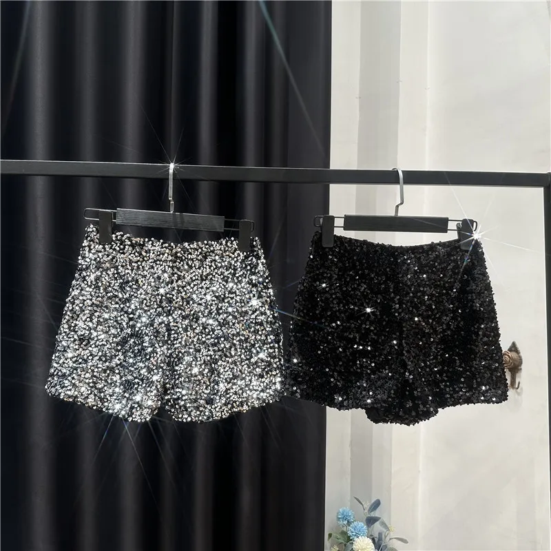 High Quality Sexy Sequins Shiny Zipper Shorts Women Nightclub Hot Pants for Women Black Silver