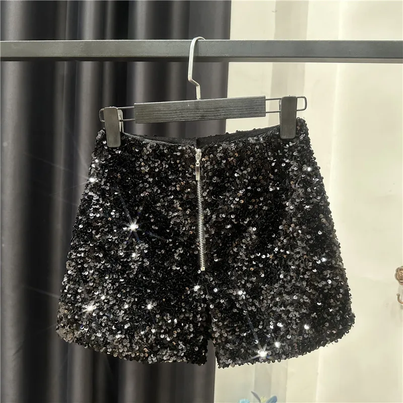 High Quality Sexy Sequins Shiny Zipper Shorts Women Nightclub Hot Pants for Women Black Silver
