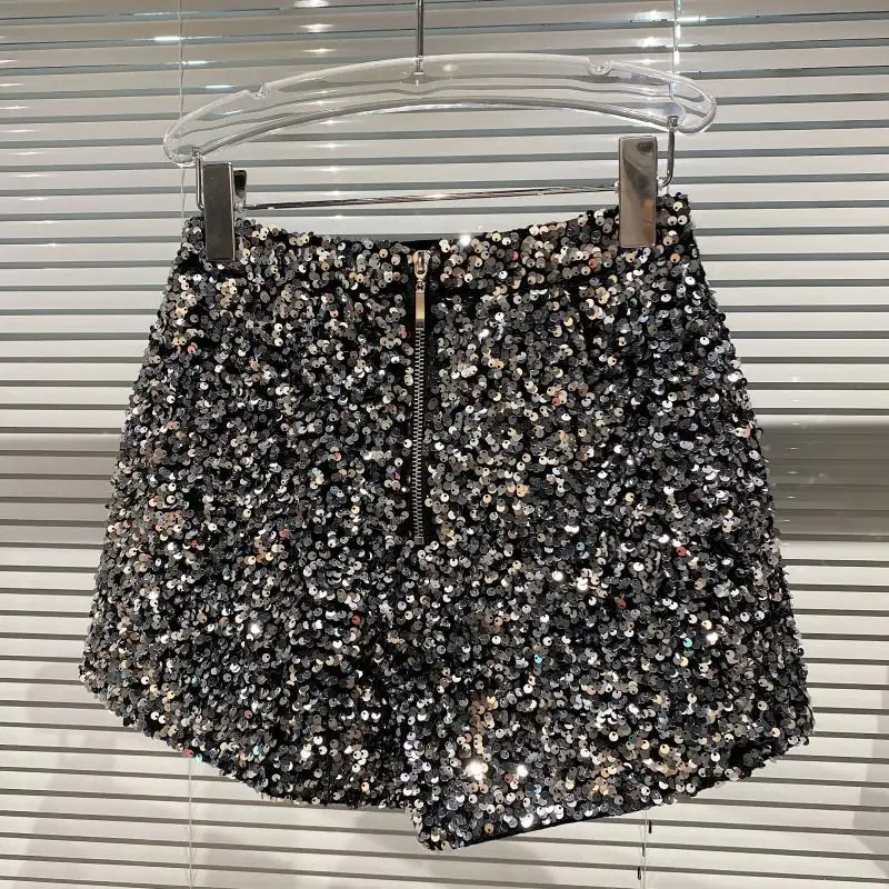 High Quality Sexy Sequins Shiny Zipper Shorts Women Nightclub Hot Pants for Women Black Silver