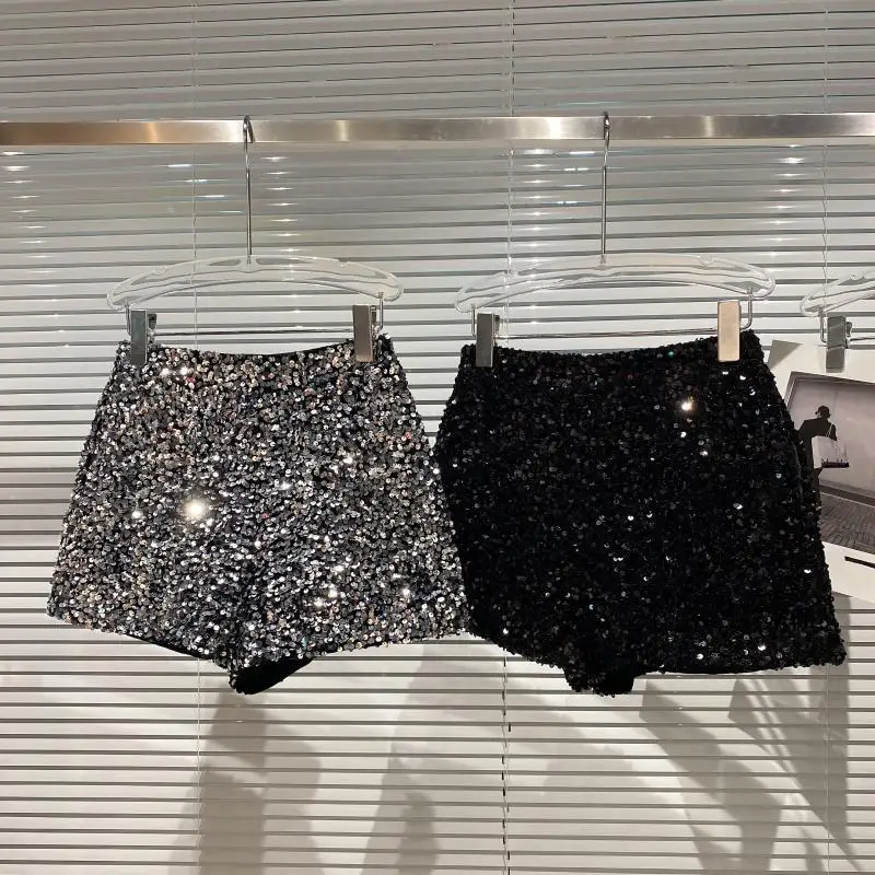 High Quality Sexy Sequins Shiny Zipper Shorts Women Nightclub Hot Pants for Women Black Silver