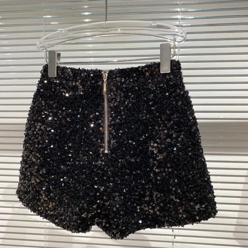 High Quality Sexy Sequins Shiny Zipper Shorts Women Nightclub Hot Pants for Women Black Silver