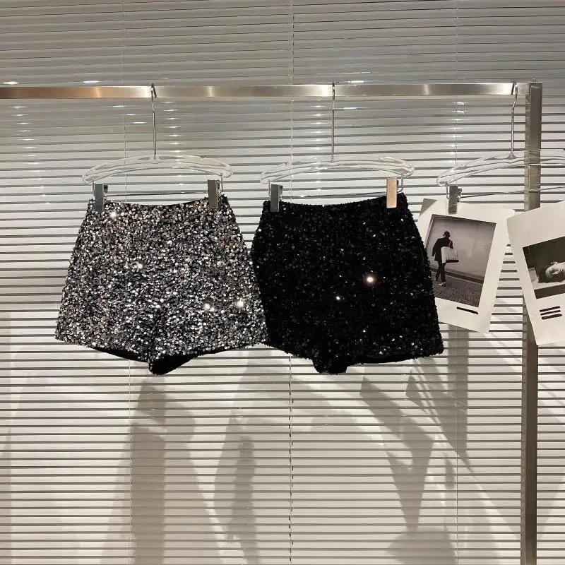 High Quality Sexy Sequins Shiny Zipper Shorts Women Nightclub Hot Pants for Women Black Silver